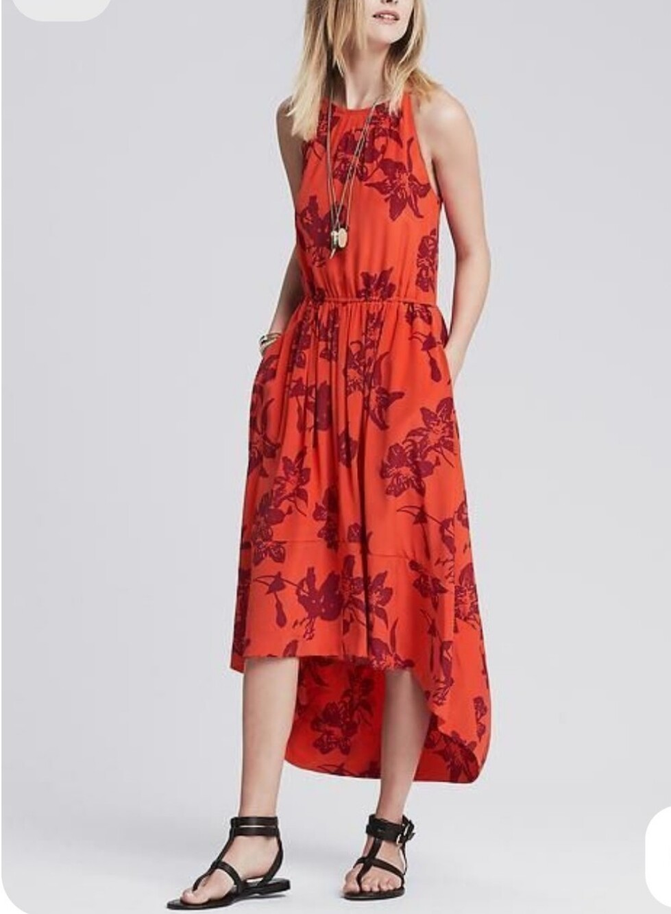 Banana Republic 100% Silk Bold Floral Hi-Low Halter Dress Size 8 EUC Red Orange